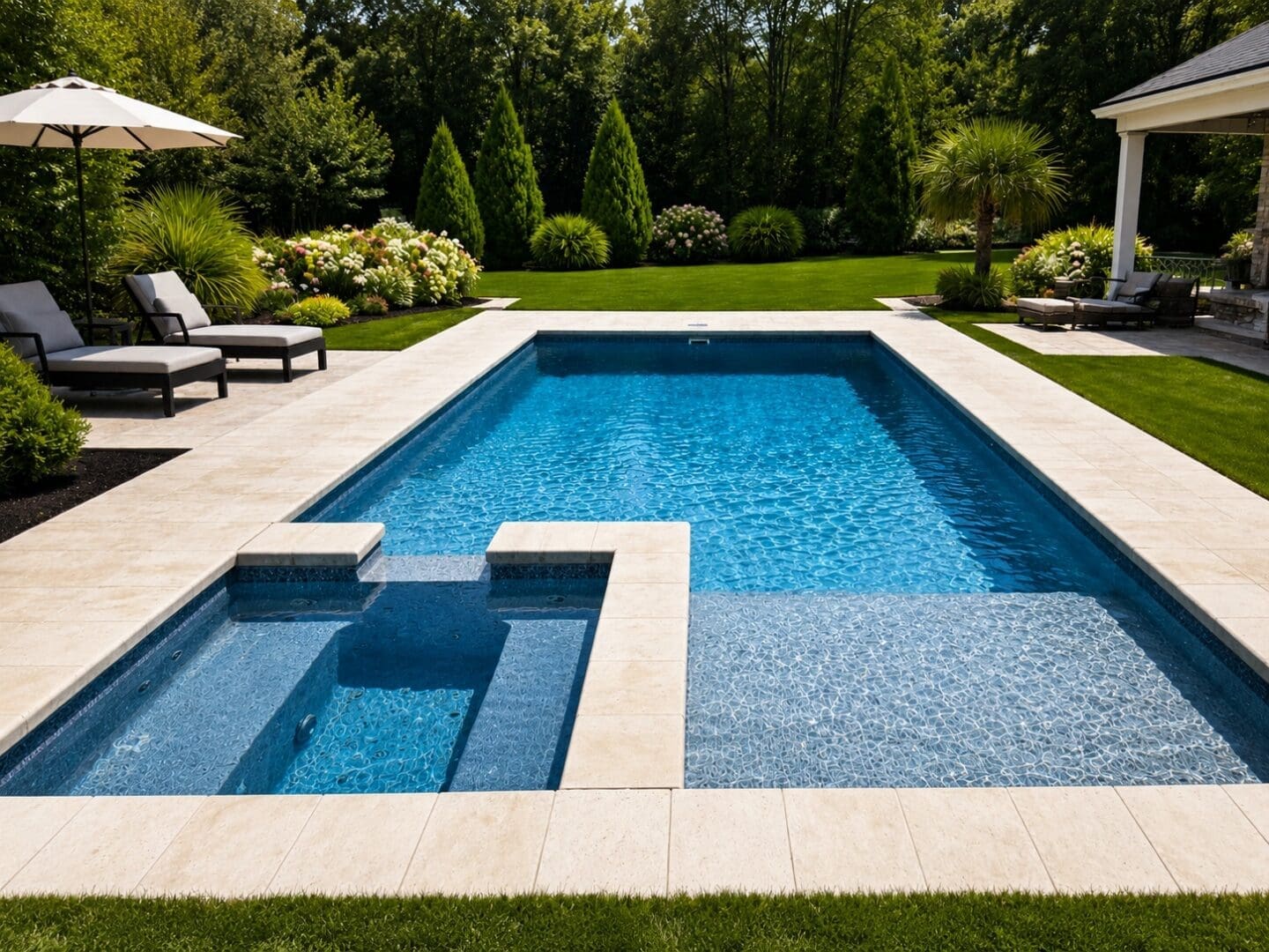 Completed rectangular fiberglass pool with sun shelf, entry steps and landscaped backyard by B&B Decks and Pools.
