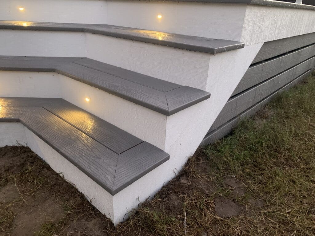 A close up of some steps with lights on them