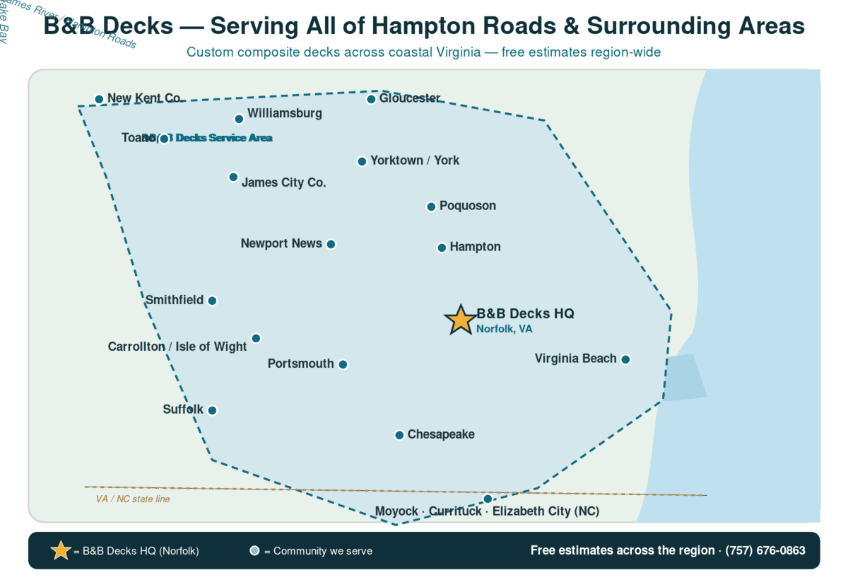 B&B Decks service area map — composite deck builder serving Gloucester and all of Hampton Roads, VA